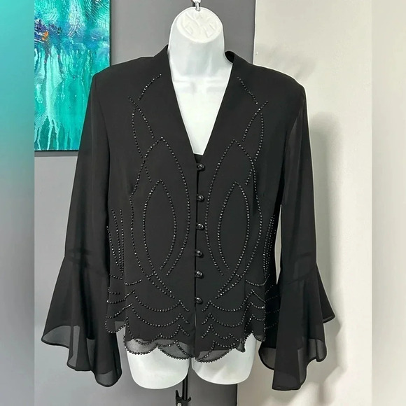 Vintage J.R. Nites  by Caliendo Black Beaded Top Bell Sleeves Size 10 Whimsigoth - Picture 7 of 16